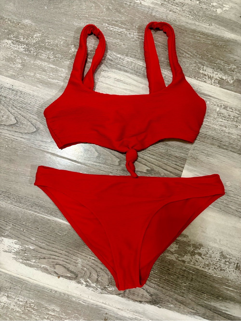 Red Ribbed Knot-Front Bikini Set